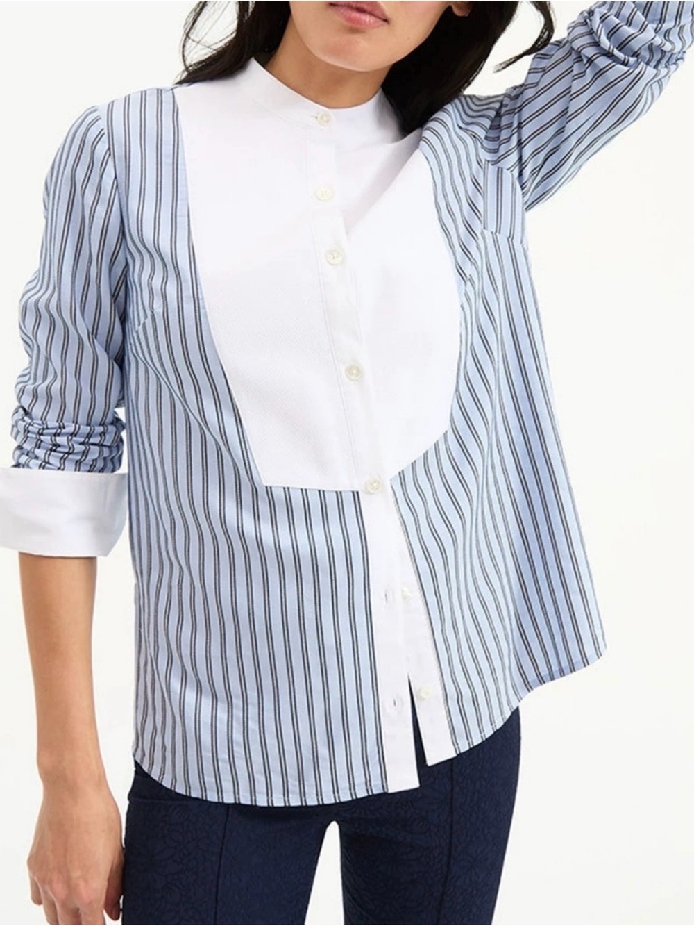 Veronica Beard Blue & White Striped Dress Shirt with Contrast Bib